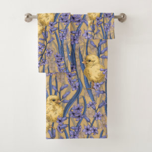 Chickens and hyacinths on yellow bath towel set