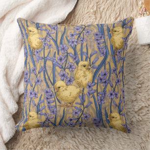 Chickens and hyacinths on yellow cushion