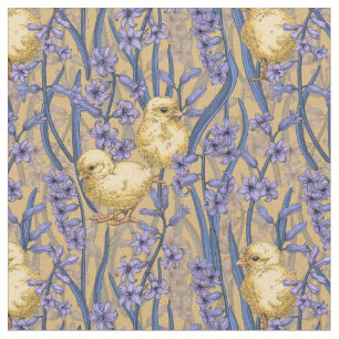 Chickens and hyacinths on yellow fabric