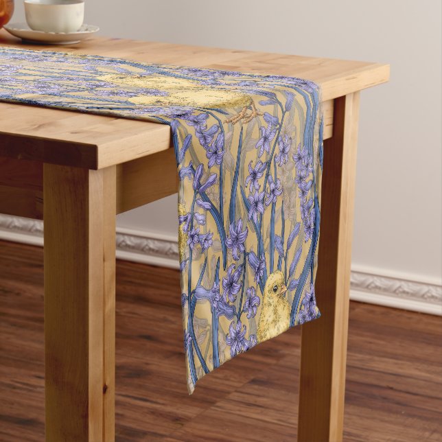 Chickens and hyacinths on yellow short table runner (In Situ)