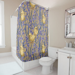 Chickens and hyacinths on yellow shower curtain
