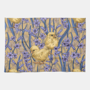 Chickens and hyacinths on yellow tea towel
