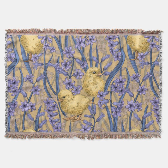 Chickens and hyacinths on yellow throw blanket (Front)