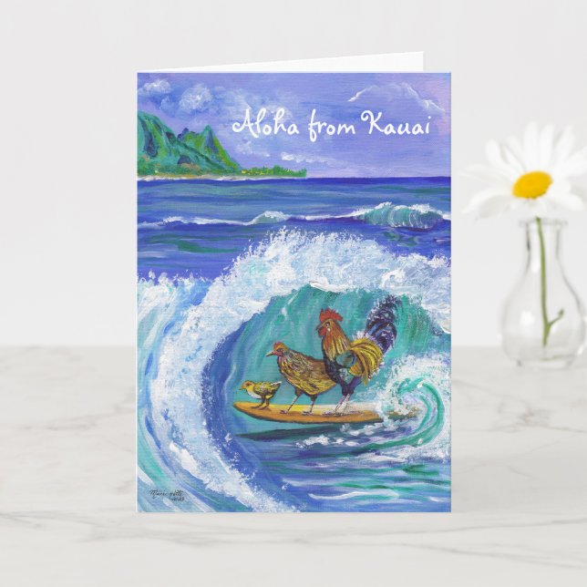 Chickens and Rooster Surfing Kauai Beach Card (Small Plant)