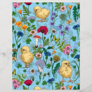 Chickens and wildflowers on baby blue
