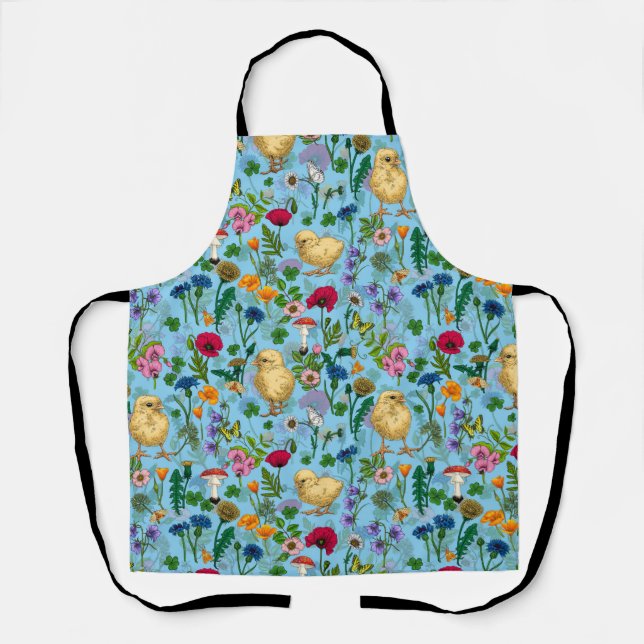 Chickens and wildflowers on baby blue apron (Front)
