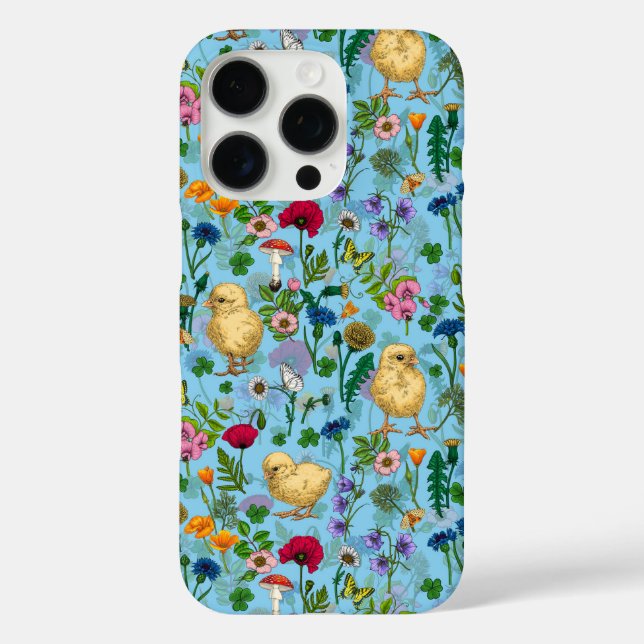 Chickens and wildflowers on baby blue Case-Mate iPhone case (Back)