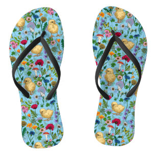 Chickens and wildflowers on baby blue flip flops