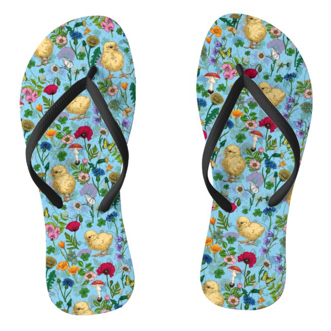 Chickens and wildflowers on baby blue flip flops (Footbed)