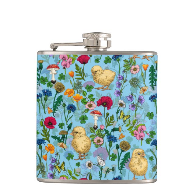 Chickens and wildflowers on baby blue hip flask (Front)