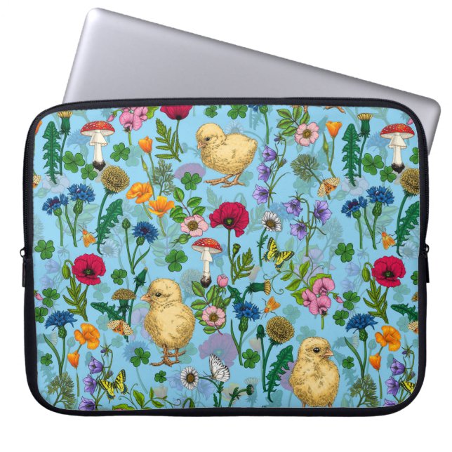 Chickens and wildflowers on baby blue laptop sleeve (Front)