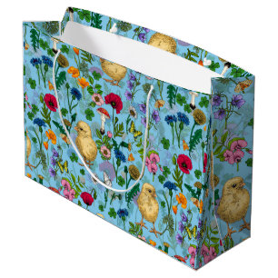 Chickens and wildflowers on baby blue large gift bag