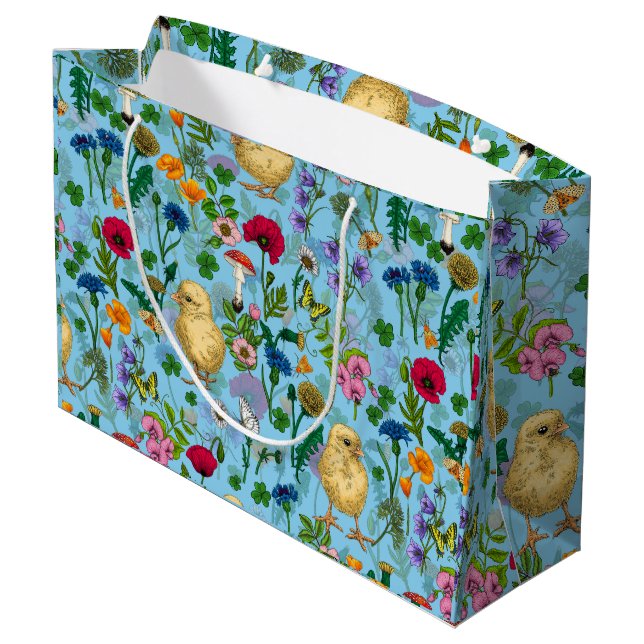 Chickens and wildflowers on baby blue large gift bag (Back Angled)