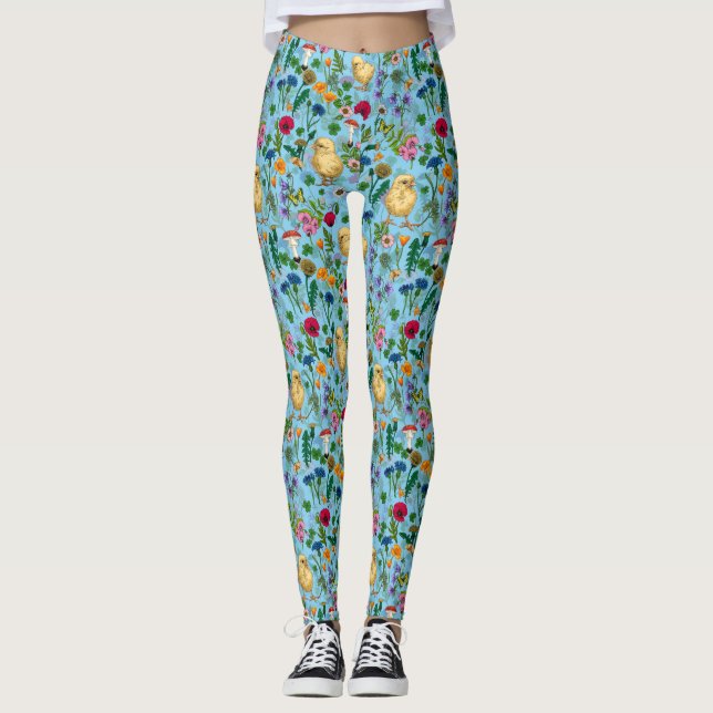 Chickens and wildflowers on baby blue leggings (Front)