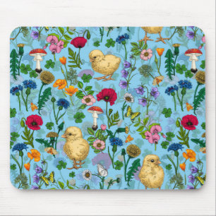 Chickens and wildflowers on baby blue mouse mat