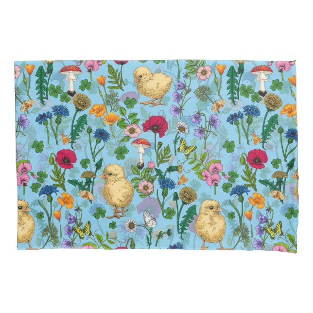 Chickens and wildflowers on baby blue pillowcase (Front-Left)