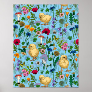 Chickens and wildflowers on baby blue poster