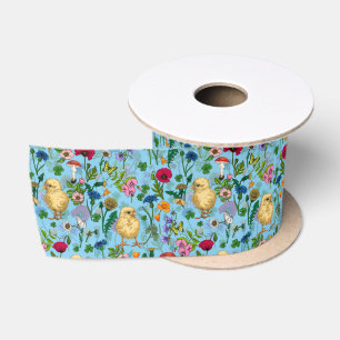 Chickens and wildflowers on baby blue satin ribbon