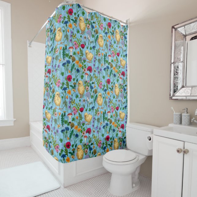 Chickens and wildflowers on baby blue shower curtain (In Situ)