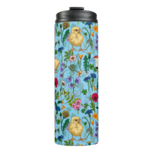 Chickens and wildflowers on baby blue thermal tumbler