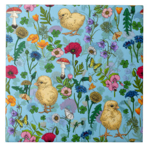 Chickens and wildflowers on baby blue tile