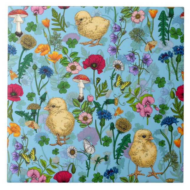 Chickens and wildflowers on baby blue tile (Front)