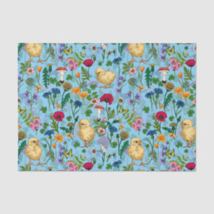 Chickens and wildflowers on baby blue tissue paper