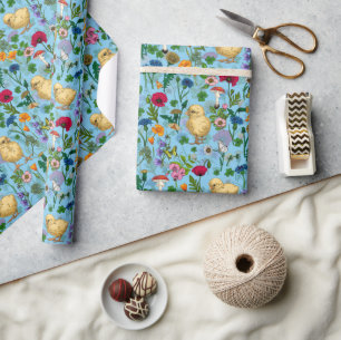 Chickens and wildflowers on baby blue wrapping paper