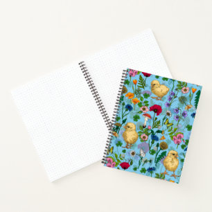 Chickens and wildflowers on baby blueHand-drawn ch Notebook