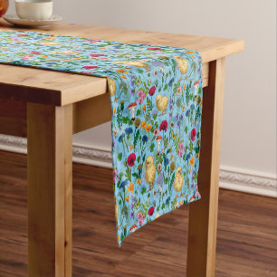 Chickens and wildflowers on baby blueHand-drawn ch Short Table Runner