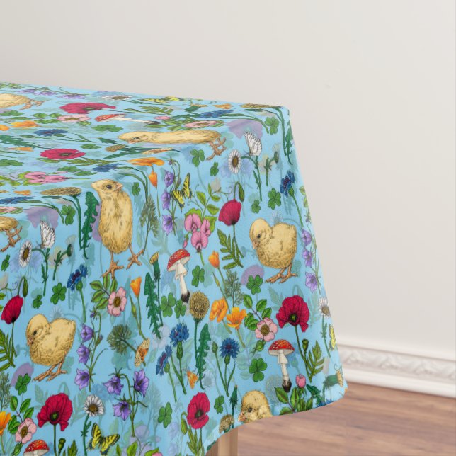 Chickens and wildflowers on baby blueHand-drawn ch Tablecloth (In Situ)