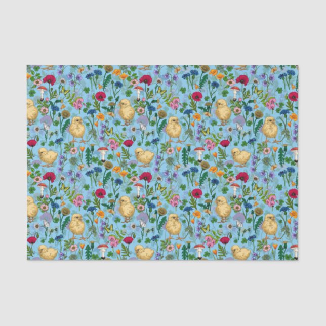 Chickens and wildflowers on baby blueHand-drawn ch Tissue Paper (Front)