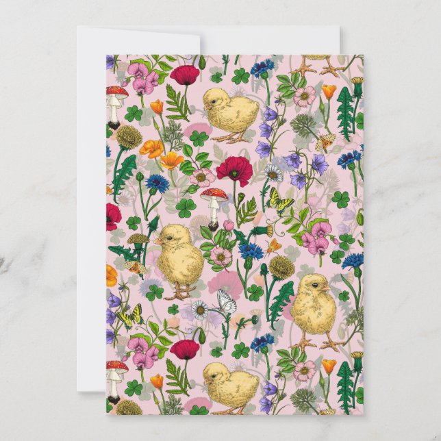 Chickens and wildflowers on cotton candy pink (Front)