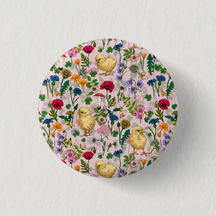 Chickens and wildflowers on cotton candy pink 3 cm round badge
