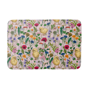 Chickens and wildflowers on cotton candy pink bath mat