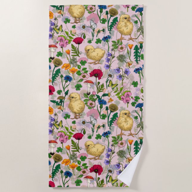 Chickens and wildflowers on cotton candy pink beach towel (Front)