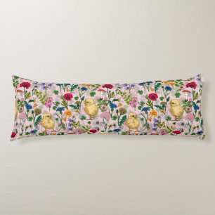 Chickens and wildflowers on cotton candy pink body cushion