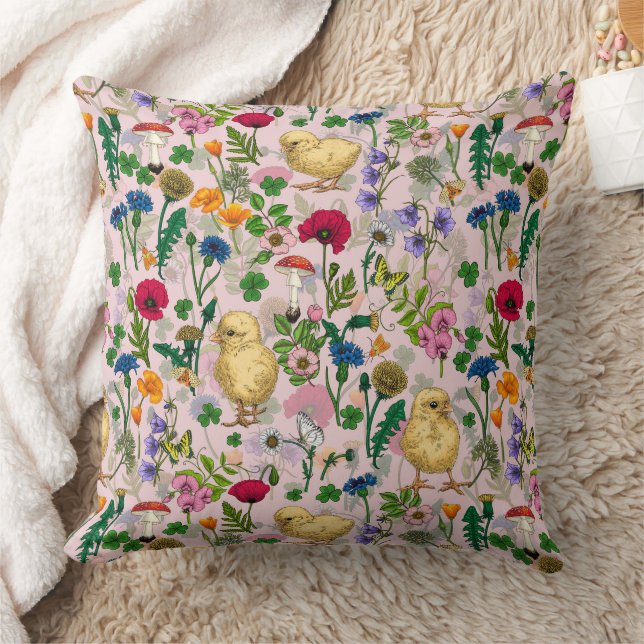 Chickens and wildflowers on cotton candy pink cushion (Blanket)