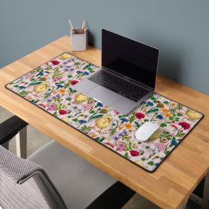 Chickens and wildflowers on cotton candy pink desk mat