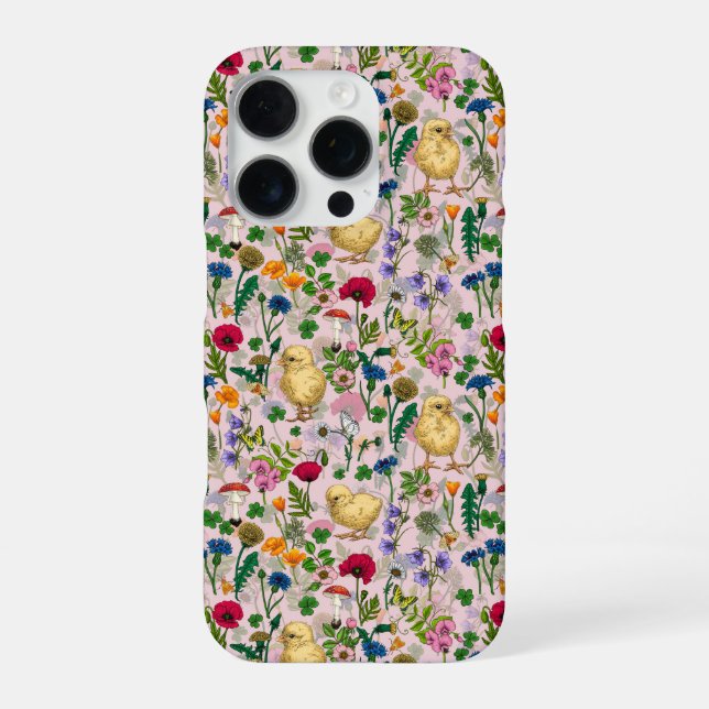 Chickens and wildflowers on cotton candy pink iPhone case (Back)