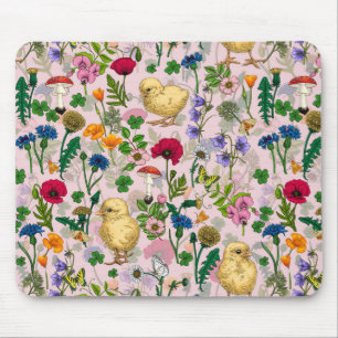 Chickens and wildflowers on cotton candy pink mouse mat