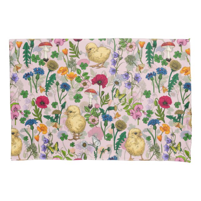 Chickens and wildflowers on cotton candy pink pillowcase (Front-Left)