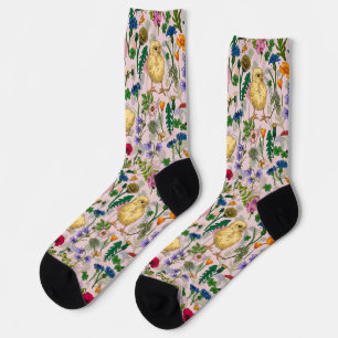 Chickens and wildflowers on cotton candy pink socks