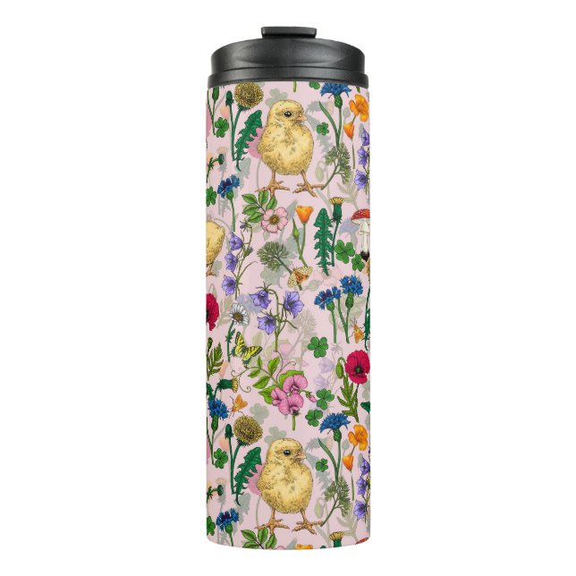 Chickens and wildflowers on cotton candy pink thermal tumbler (Front)