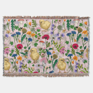 Chickens and wildflowers on cotton candy pink throw blanket