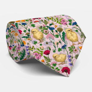 Chickens and wildflowers on cotton candy pink tie