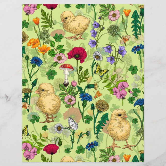 Chickens and wildflowers on honey dew green (Front)