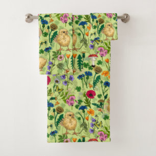 Chickens and wildflowers on honey dew green bath towel set
