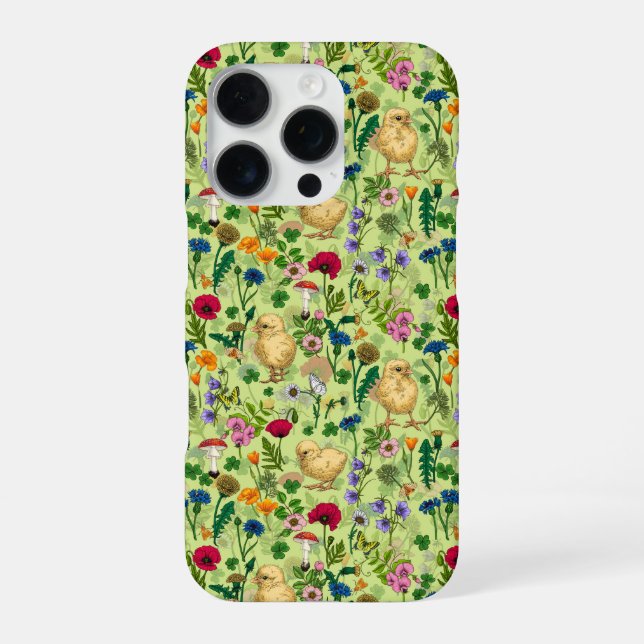 Chickens and wildflowers on honey dew green iPhone case (Back)