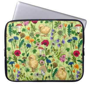 Chickens and wildflowers on honey dew green laptop sleeve
